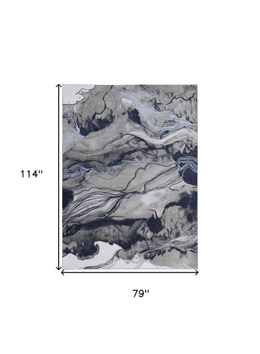 7' x 10' Abstract Power Loom Stain Resistant Area Rug - Blue Gray And Ivory
