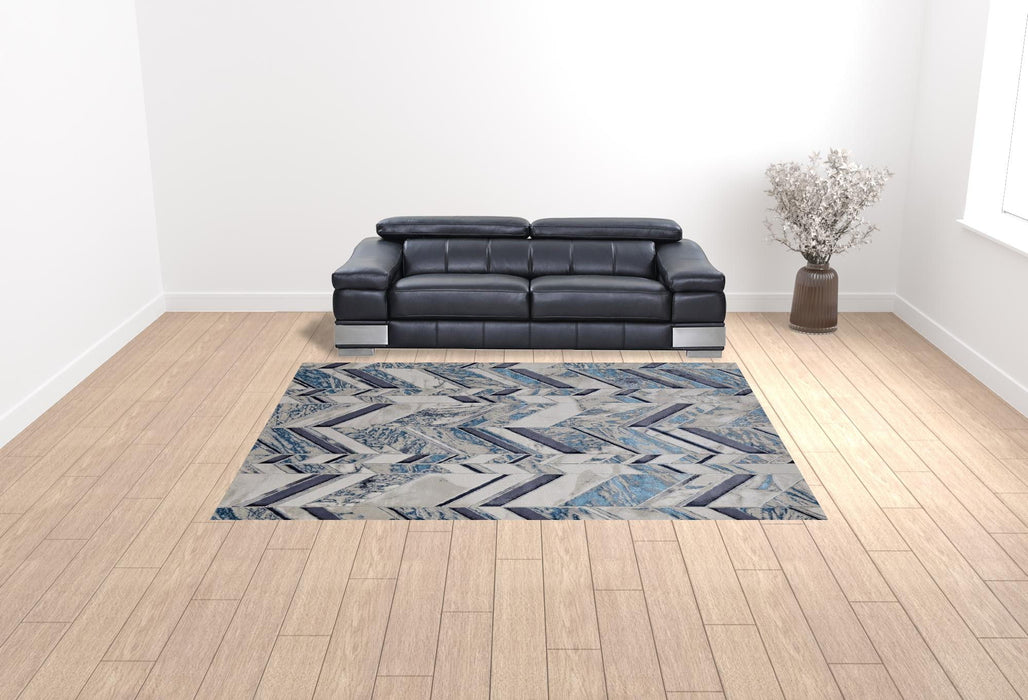 9' x 12' Chevron Power Loom Distressed Area Rug - Ivory Blue And Gray