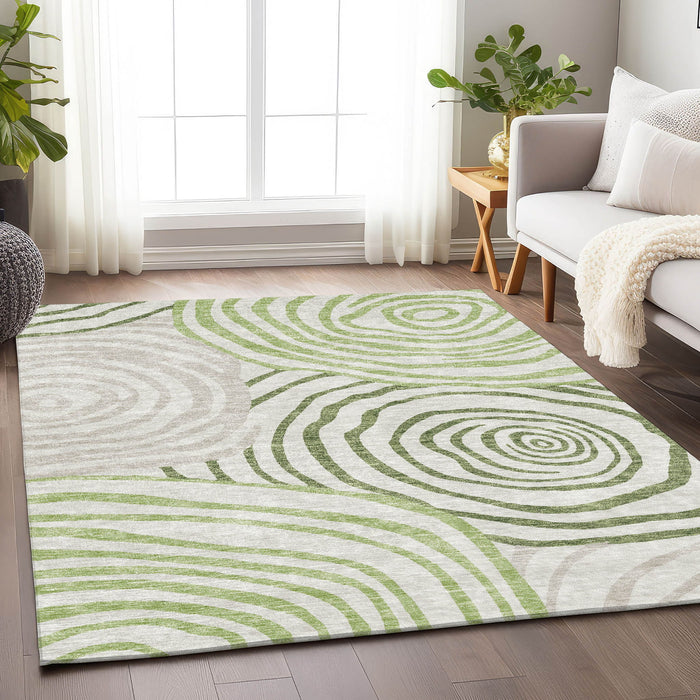 10' X 14' Abstract Washable Area Rug With UV Protection - Green / Ivory