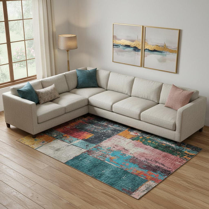 10' X 14' Abstract Washable Area Rug With UV Protection (706241) - Teal / Orange / Pink