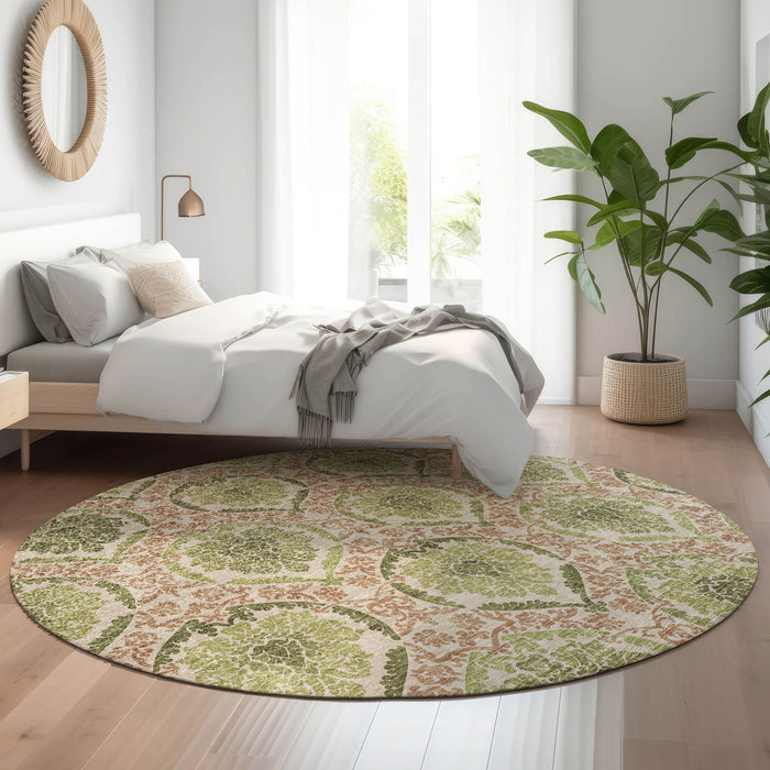 8' Medallion Washable Round Rug With UV Protection - Olive Green And Copper