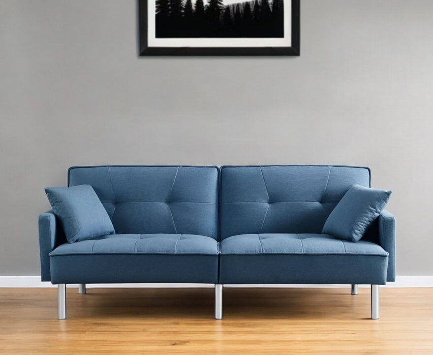 Polyester Blend Convertible Futon Sleeper Sofa And Toss Pillows With Silver Legs - Blue