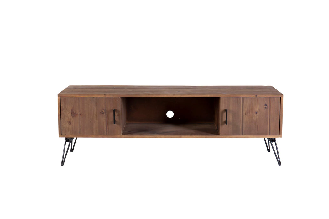 Giga industrial style reclaimed wood TV stand with storage cabinet for living room media setup, featuring natural finish and rustic design.