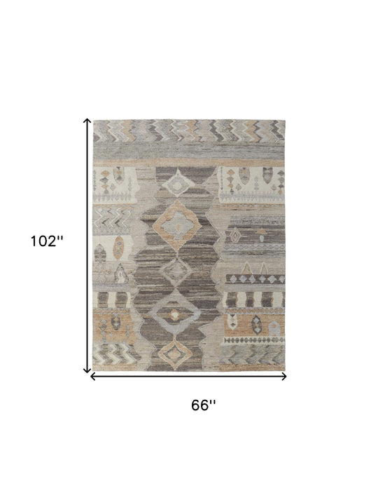 6' x 9' Wool Moroccan Hand Knotted Area Rug - Ivory Gray And Orange