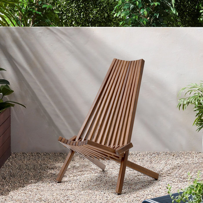 Giga folding wood armless chair in natural finish, portable solid wood seating for indoor or outdoor use, shown folded and unfolded