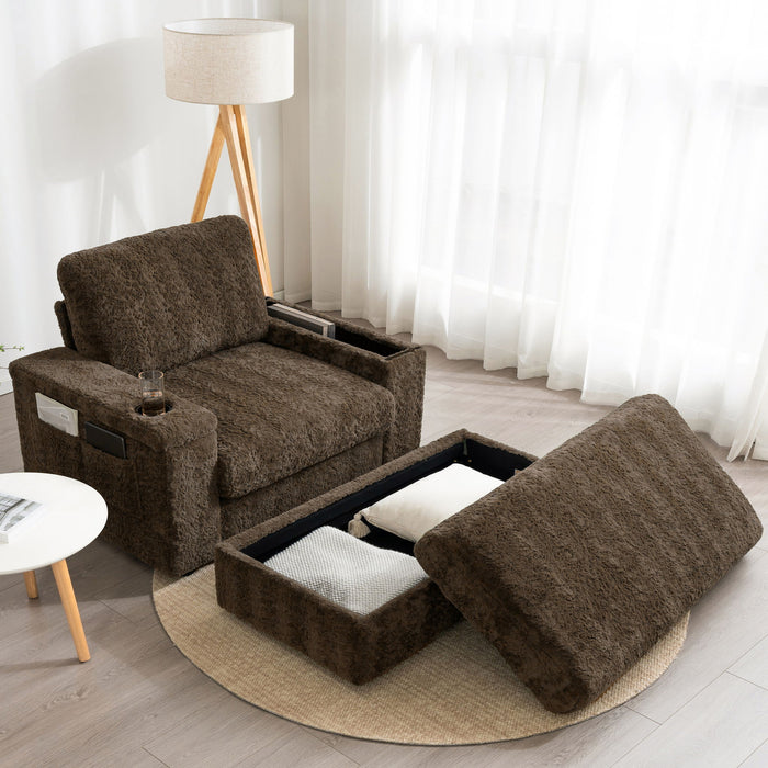 Giga oversized stationary chaise lounge with rabbit fur upholstery, storage ottoman, armrests, cup holders, and deep seating.