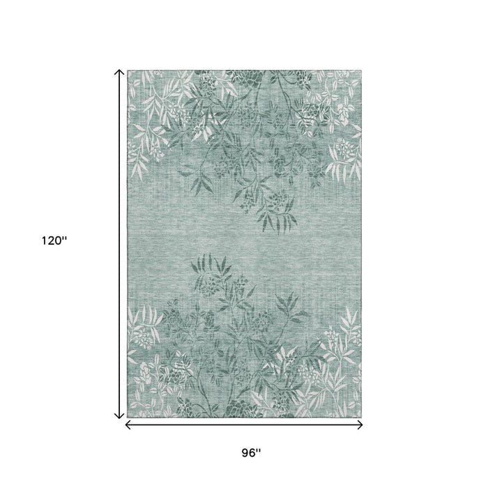 8' X 10' Floral Washable Area Rug With UV Protection (655672) - Sage / Ivory