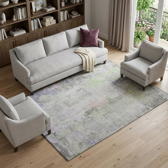 10' X 14' Abstract Washable Area Rug With UV Protection (692130) - Artichoke Green / Gray / Purple