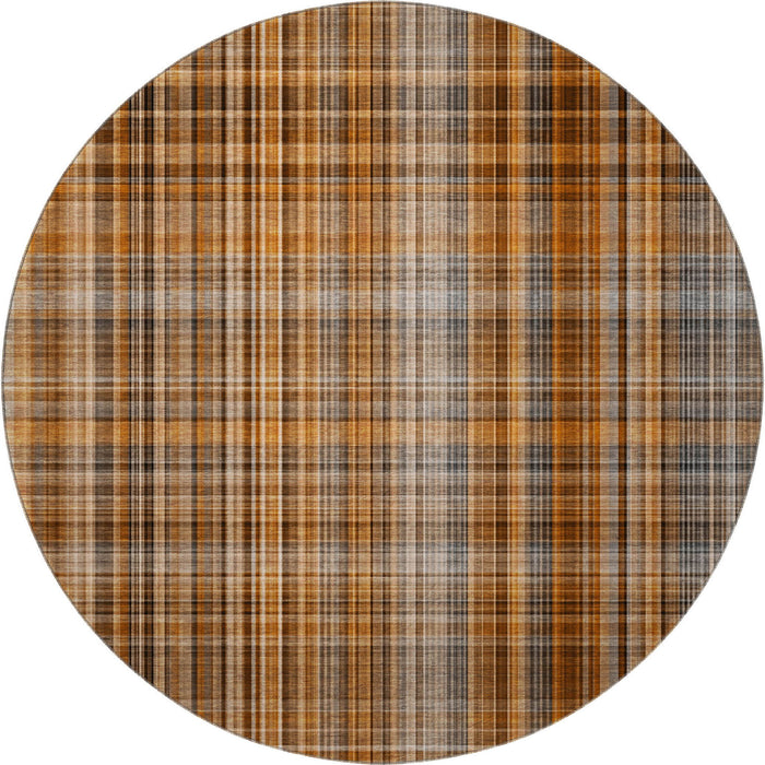 8' Plaid Washable Round Rug With UV Protection (648313) - Terra Cotta / Gray