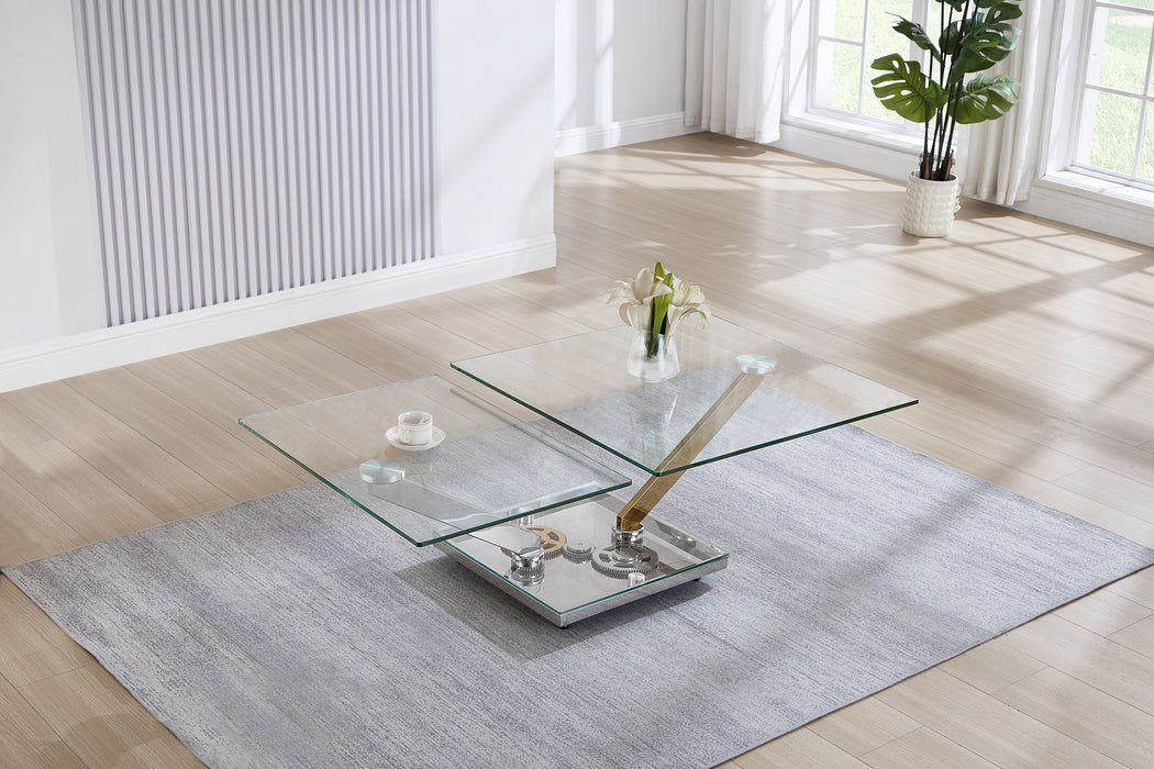 Contemporary Motion-Extendable Glass Top Cocktail Table | Clear Glass with Polished SS & Brass