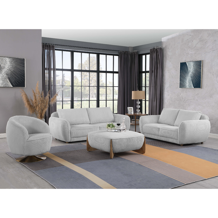 Gray fabric Charleston modern loveseat by Chintaly with channel tufting and oak gray wooden legs, showcasing a stylish and comfortable design.