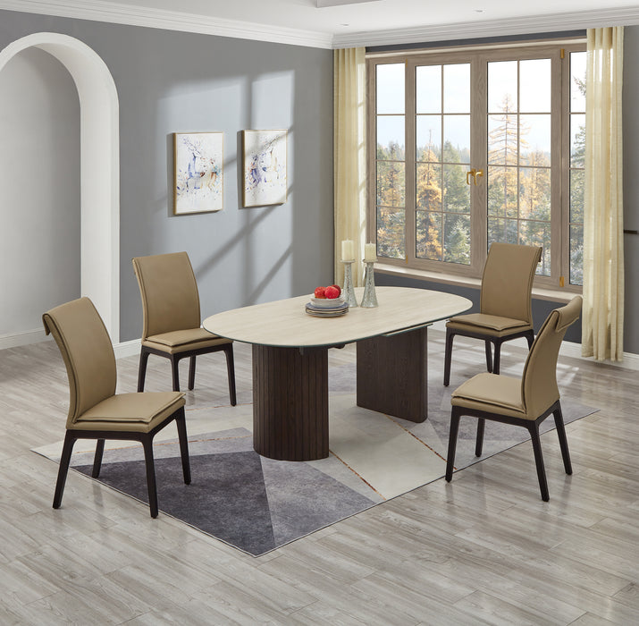 EDITH Extendable Ceramic Top Dining Table | Modern Bow-End Table with Dark Oak Pedestal Base