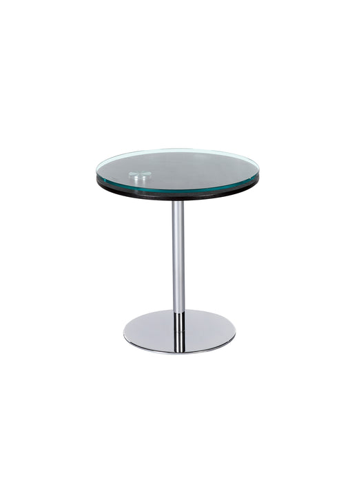 Contemporary Chintaly dual motion round lamp table with glass and wood top, chrome base, and sleek modern design.