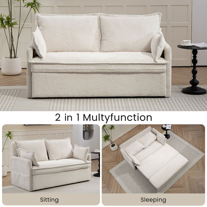 Giga pull out sofa bed with convertible sleeper design, side storage, and USB-C charging ports, in a modern living room setting.
