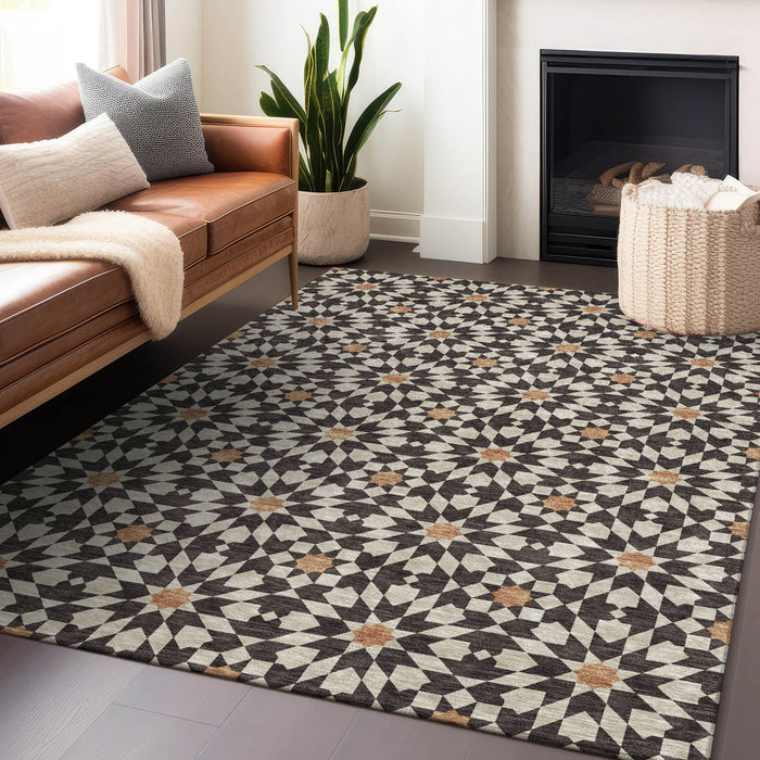 8' X 10' Copper Geometric Washable Area Rug With UV Protection - Charcoal