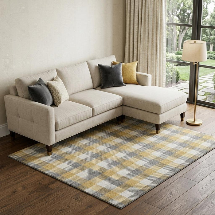 10' X 14' Plaid Washable Area Rug With UV Protection (682553) - Gray / Ivory / Gold