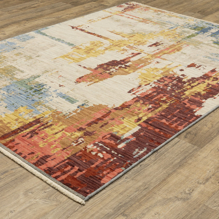 5' X 8' Modern Abstract Area Rug With Fringe - Beige