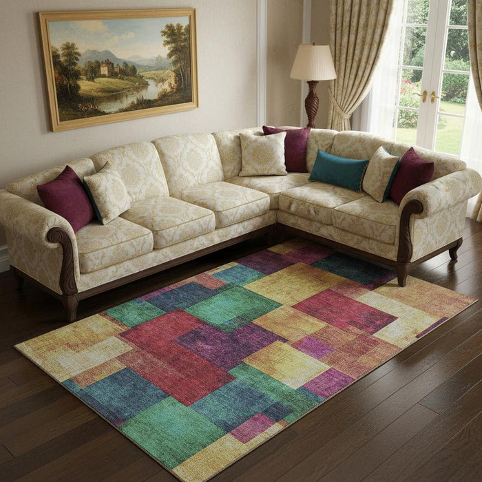 10' X 14' Geometric Washable Area Rug With UV Protection (709804) - Gold / Purple / Red