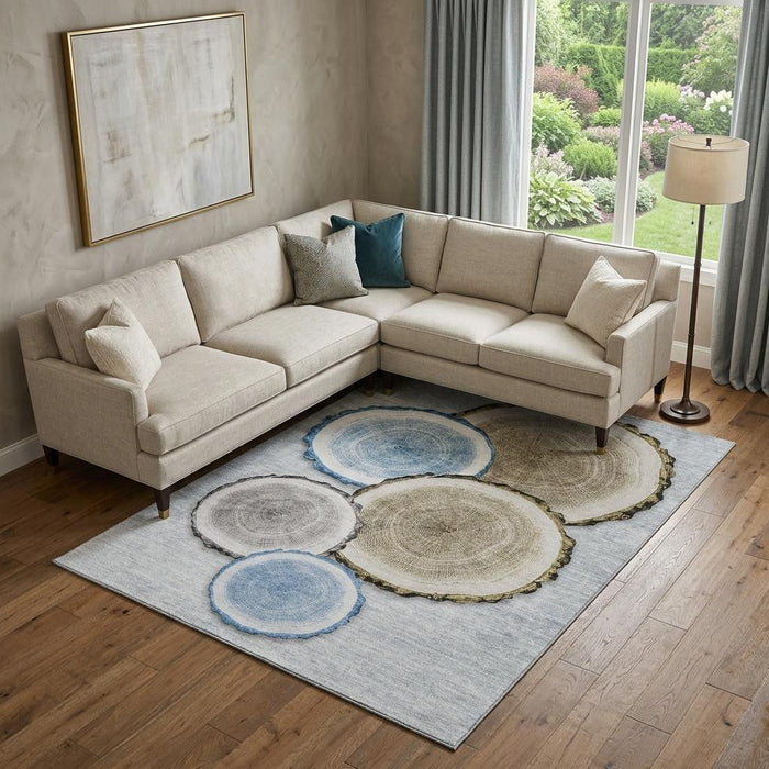 8' X 10' Faux Bois Washable Area Rug With UV Protection (649922) - Blue / Brown / Ivory