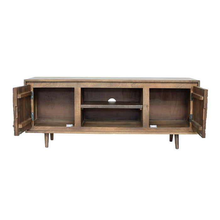 Giga brown TV cabinet with two doors made from recycled wood, stylish TV stand with a natural wood finish.
