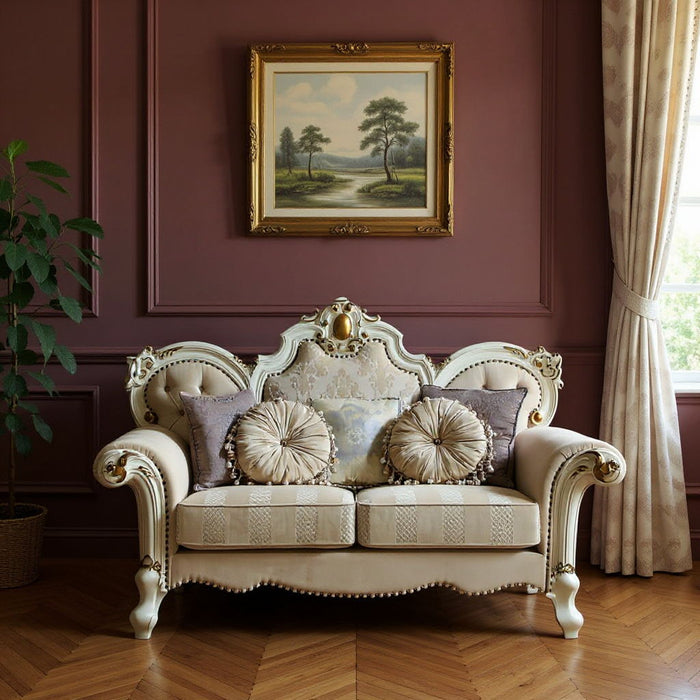 Velvet Loveseat And Toss Pillows - Gold / Pearl