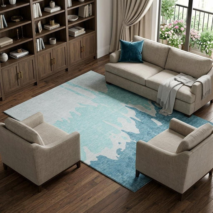 10' X 14' Abstract Washable Area Rug With UV Protection (676170) - Teal / Ivory