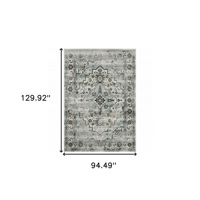 8' x 11' Oriental Power Loom Stain Resistant Area Rug - Ivory Gray Charcoal Blue And Taupe