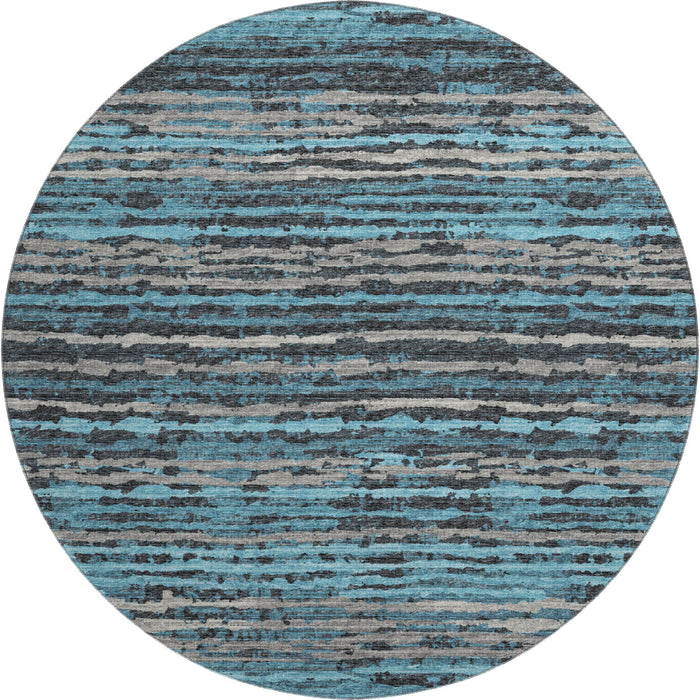 8' Striped Washable Round Rug With UV Protection - Persian Blue And Charcoal
