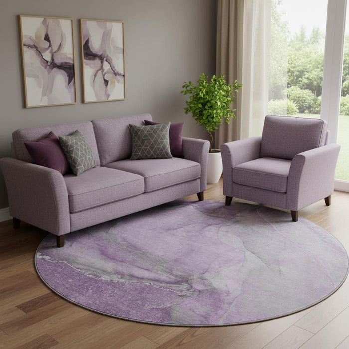 8' Abstract Washable Round Rug With UV Protection (647407) - Lilac / Ivory
