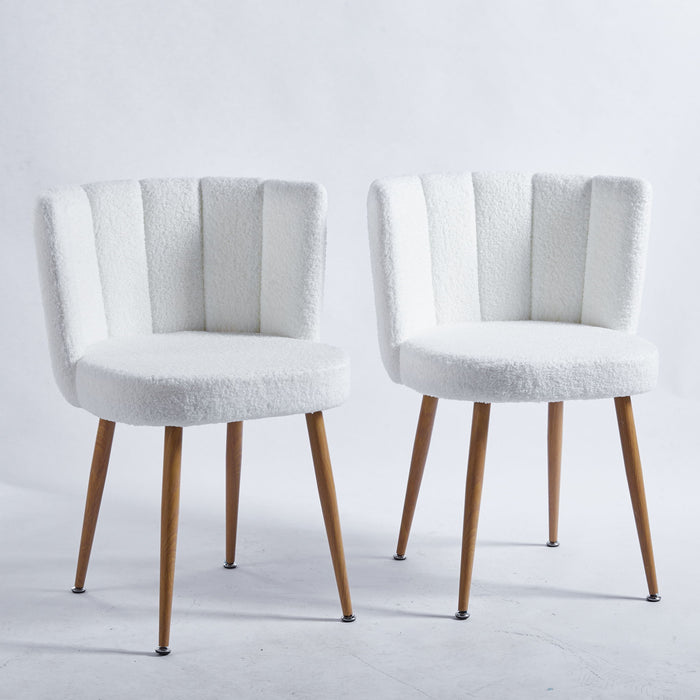Giga modern dining chair set with wood color iron tube legs, short plush cushions, and comfortable backrest for dining or living rooms.