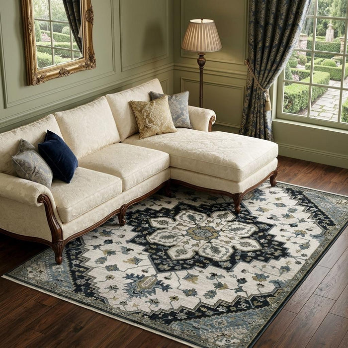 8' X 11' Medallion Area Rug With Fringe (575098) - Blue / Gray / Ivory