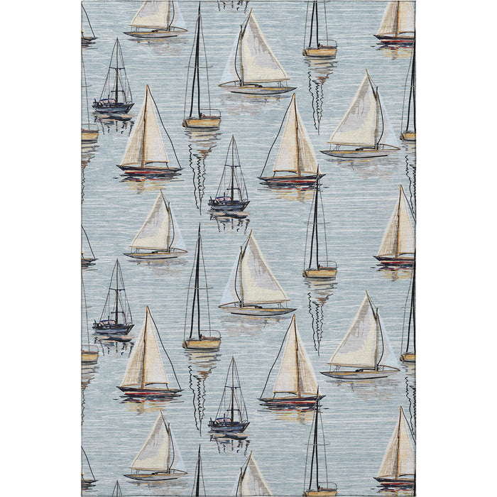 9' X 12' Nautical Washable Area Rug With UV Protection - Sky Blue