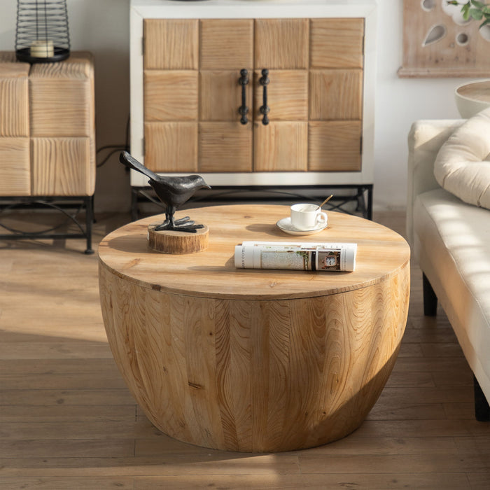 Vintage style Giga barrel coffee table with storage, featuring a rustic wooden finish and round design for living room decor.