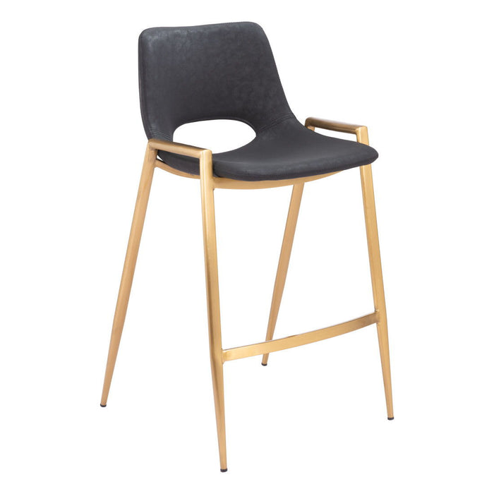 Set of 2 black faux leather and steel low back counter height bar chairs with gold accents by HomeRoots.