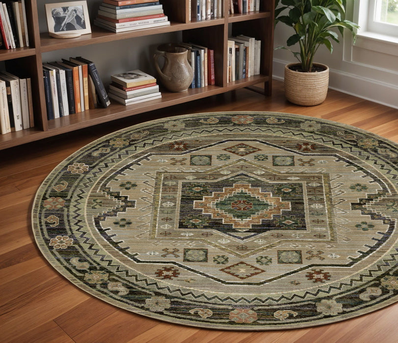 8' Tribal Round Rug - Gray And Green