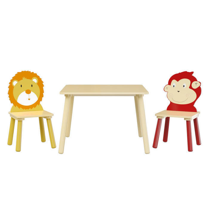 Giga kids table and 2 chairs set with lion and monkey designs, natural wood toddler activity play table and chairs.