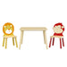 Giga kids table and 2 chairs set with lion and monkey designs, natural wood toddler activity play table and chairs.