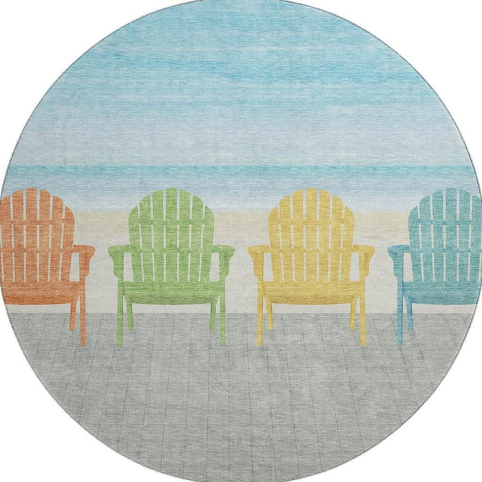8' Nautical Washable Round Rug With UV Protection - Aqua