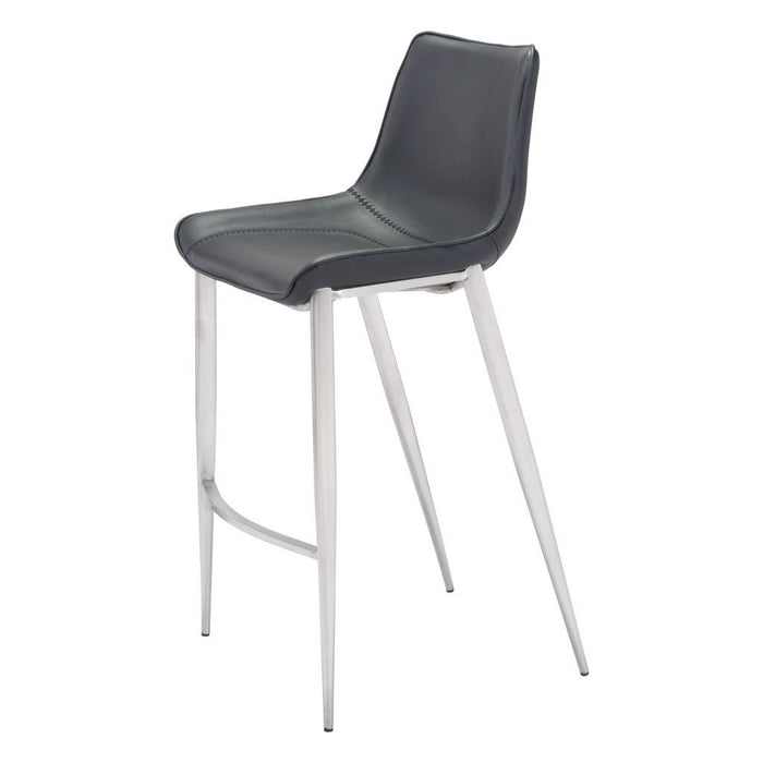 Set of two black and silver 30-inch steel low back bar height chairs by HomeRoots, ideal for bar or counter seating.