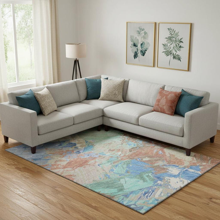 10' X 14' Abstract Washable Area Rug With UV Protection (697974) - Coral / Teal / Copper
