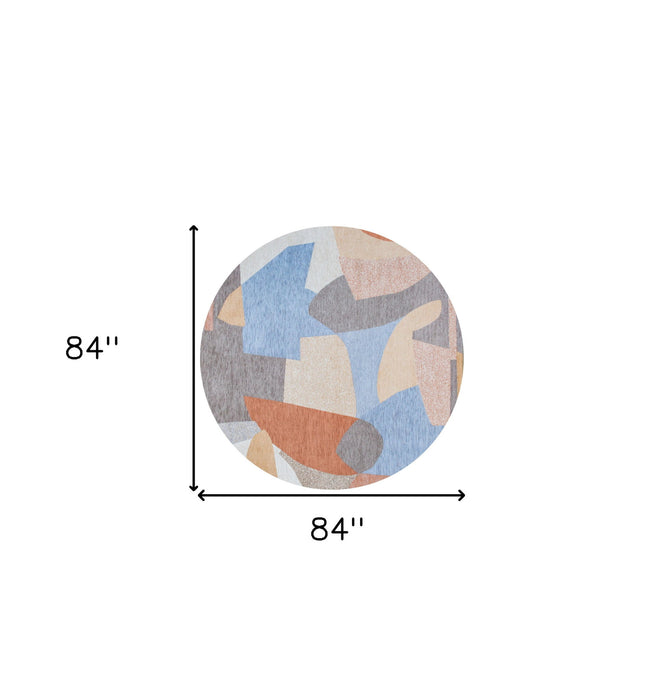 8' Modern Round Abstract Non Skid Area Rug - Blue And Gray