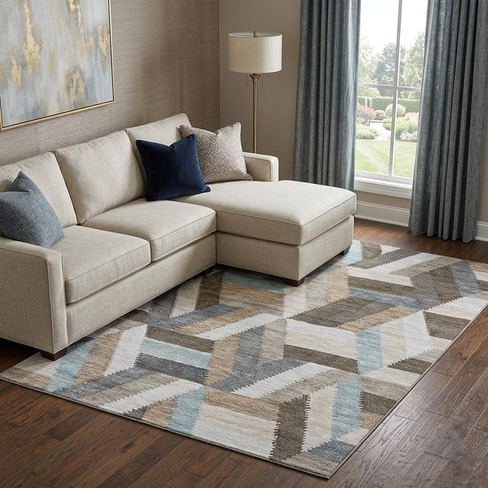 10' X 14' Geometric Washable Area Rug With UV Protection (692436) - Brown / Ivory / Gray