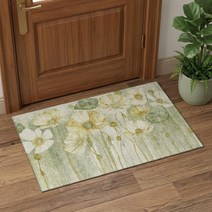 3' X 5' Floral Washable Area Rug With UV Protection (657318) - Sage / Gold / Ivory