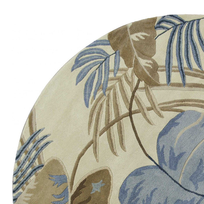 8' Hand Tufted Tropical Leaves Round Indoor Area Rug - Ivory Blue
