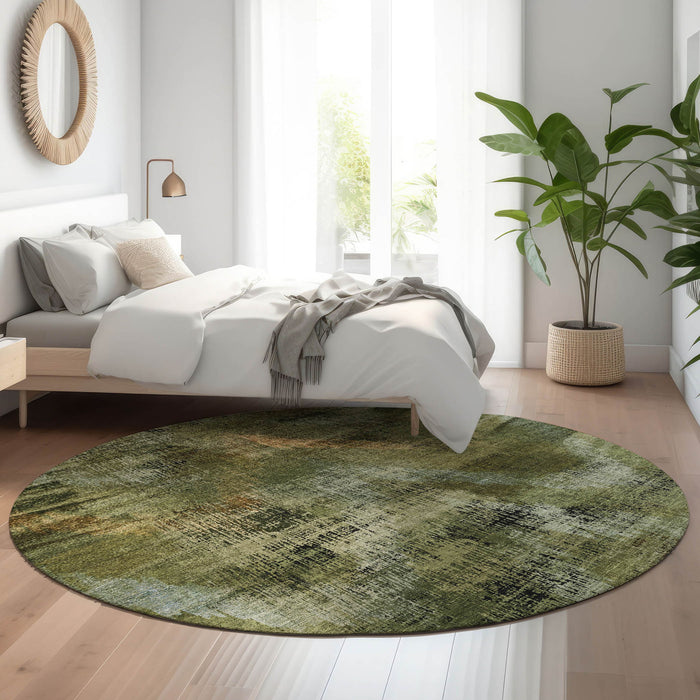 8' Abstract Washable Round Rug With UV Protection - Olive Green And Charcoal