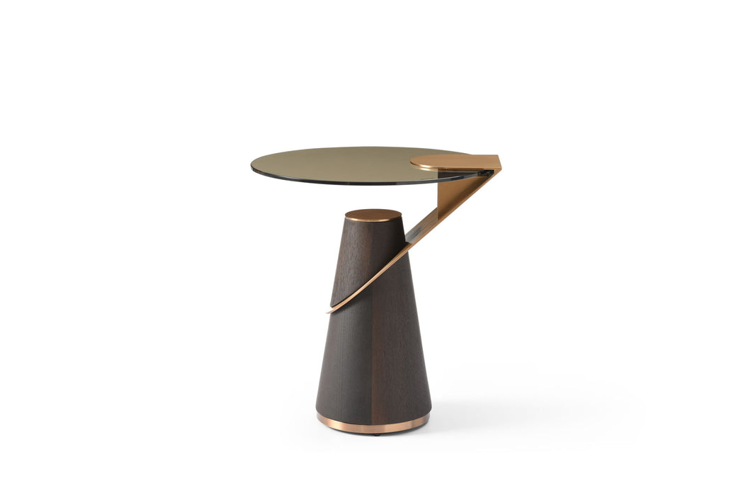 Round glass and solid wood end table with rose and gold accents, featuring a stainless steel pedestal base by HomeRoots.