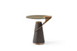 Round glass and solid wood end table with rose and gold accents, featuring a stainless steel pedestal base by HomeRoots.
