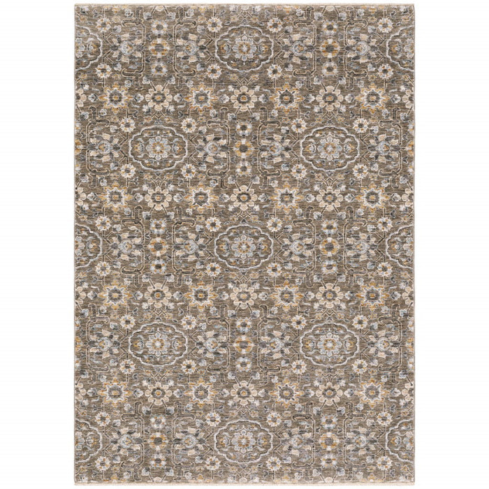 10' x 13' Floral Power Loom Stain Resistant Area Rug With Fringe - Gray And Tan