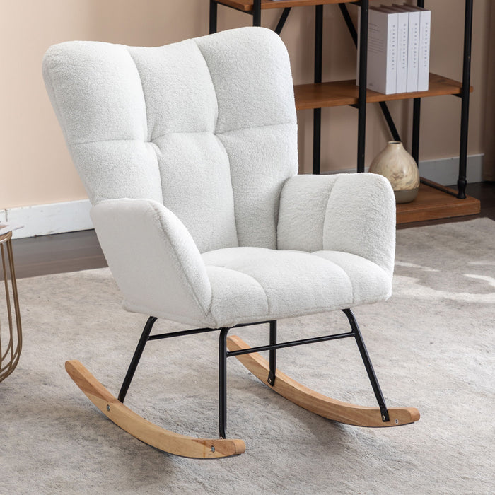 Giga ivory teddy fabric nursery rocker chair with wooden legs, plush cushioned seat and backrest for living room comfort