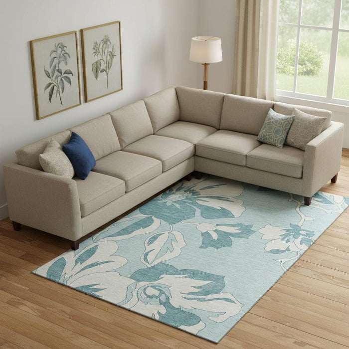 10' X 14' Floral Washable Area Rug With UV Protection (668023) - Teal / Ivory